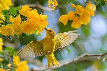 A vibrant image of a yellow bird in mid-flight among yellow flowers, perfect as a nature-themed abstract wallpaper or background best-seller