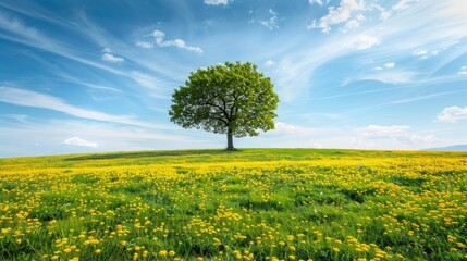 Poster - Lone tree surrounded by yellow flowers in a springtime field