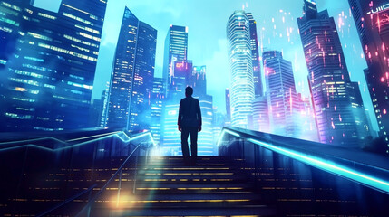 Poster - A man standing on stairs overlooking a futuristic neon-lit cityscape at night