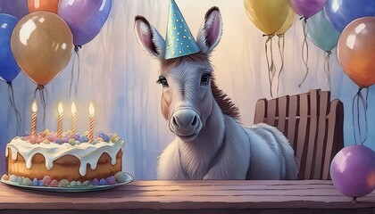 Canvas Print - birthday cake and balloons and a sweet donkey 