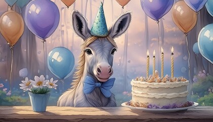 Wall Mural - A birthday card with a sweet donkey 