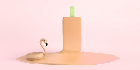 Wall Mural - Flamingo float floating on melted strawberry ice cream. Summer concept. Copy space. 3D illustration.