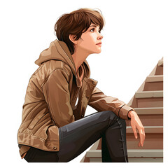 Wall Mural - portrait of a young woman with a short haircut sitting on the street stairs.  lifestyle, fashion, travel concept isolated on white background, png