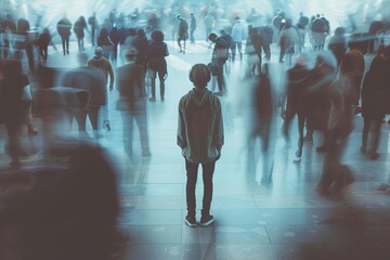 Fototapete - A single person stands in a crowded room, their figure in sharp focus while the surrounding crowd is blurred, emphasizing their isolation. Generative AI