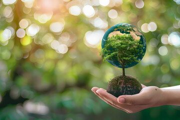 Wall Mural - two hands holding the earth and tree, stock photo for world environment day concept, green background, copy space