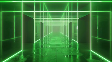 Wall Mural - This image features an abstract, futuristic corridor bathed in green neon light, making for a captivating wallpaper or background best-seller