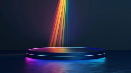 Sticker - A sleek circular LED pedestal with a rainbow gradient provides an abstract futuristic vibe, a perfect modern wallpaper or background, with best-seller potential