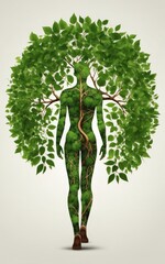 Human development and growth of personality and character in development as a medical icon of health as a tree with branches and green leaves in the shape of a persons anatomical body on white.s
