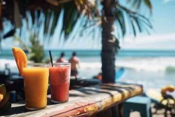 Two refreshing drinks are placed on a wooden table by the sandy beach