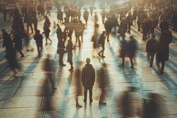 Fototapete - A lone person stands in the middle of a bustling city square, surrounded by a blurred crowd, emphasizing their isolation amidst the throngs of people. Generative AI