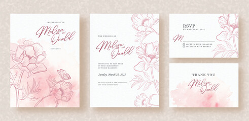 Wall Mural - pink peony vector shapes with splash painting on wedding invitation background