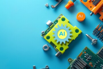 Canvas Print - Close up of a green circuit board with AI microchip, representing advanced technology, data processing, and smart computing in modern digital environments.