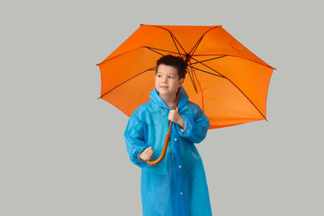 Poster - Cute little Asian boy with raincoat and umbrella on white background