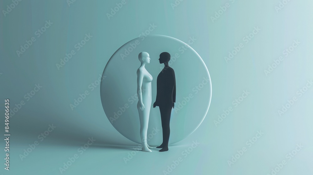 Human and AI figures seamlessly blending into a yin-yang symbol ...