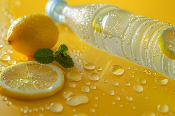 Wall Mural - A bottle of water with lemon slices and mint leaves on yellow surface