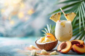 Wall Mural - Coconut, pineapple, and peach smoothie in a glass with a straw