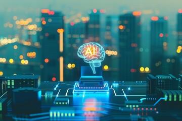 Wall Mural - AI brain hologram in a futuristic cityscape, representing artificial intelligence, smart technology, and innovative solutions in modern urban environments.