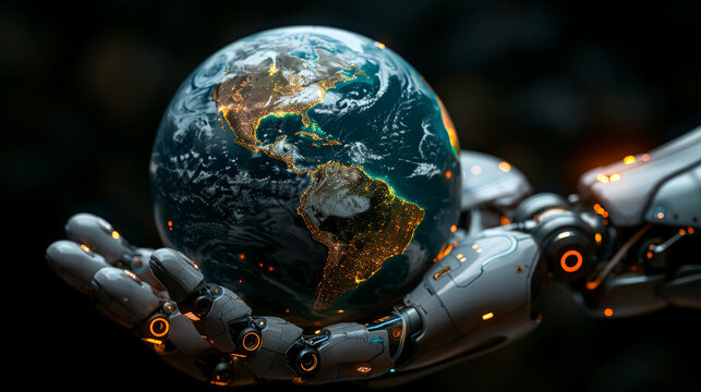 A robot is holding a globe in its hand. The robot is made of metal and has a robotic arm. The globe is made of plastic and is a bright blue color. The scene is futuristic