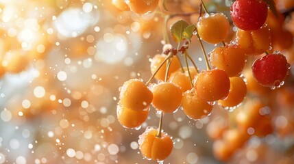 Wall Mural - yellow cherries flying, falling in the air. juicy garden berries froze in flight. levitation.