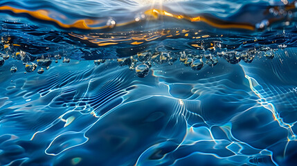 Wall Mural - Blue water surface with ripples bubbles and sunlight reflections Summer banner background. Concept Water Surface, Ripples, Bubbles, Sunlight Reflections, Summer Banner Background