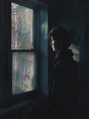 Poster - A woman stands by a window, looking out at the blurry trees outside. The room is dimly lit, with natural light streaming through the window, casting shadows on her face. Generative AI