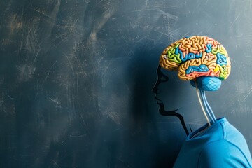 Wall Mural - Side profile of a human head with AI brain elements, representing artificial intelligence, neural networks, and cognitive computing in a conceptual design.