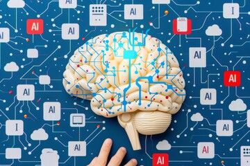 Poster - Futuristic AI microchip on a digital circuit board, representing advanced artificial intelligence, data processing, and smart computing in modern digital environments.