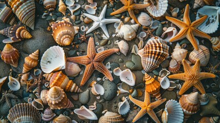 Wall Mural - Background of seashells and starfishes from above