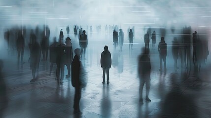 Aufkleber - A solitary individual stands in a crowded room, but the surrounding people are blurred and indistinct, highlighting their isolation despite being surrounded. Generative AI