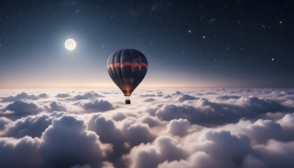 A hot air balloon flying high above the clouds with the stars in the night sky in the background