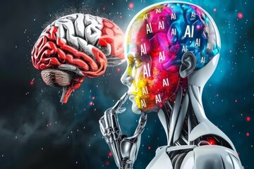 Poster - Creative AI brain illustration with hands, representing artificial intelligence, cognitive computing, and innovative technology in a conceptual design.