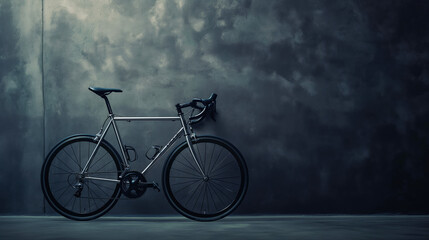 Modern road bike with sleek lines parked in front of an industrial grey wall under soft lighting.