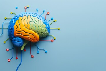 Wall Mural - AI brain model with colorful wires, representing artificial intelligence, neural networks, and cognitive computing in a conceptual design.