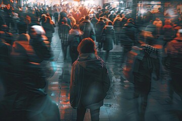 Fototapete - A single person stands alone in a crowded city, their figure in sharp focus while the surrounding crowd is blurred, highlighting their isolation. Generative AI