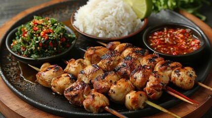 Wall Mural - Grilled Chicken Skewers with Rice and Spicy Sauce