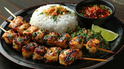 Wall Mural - Grilled Chicken Skewers with Cilantro Sauce, Rice and Lime