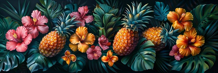 Pineapple pattern with photorealistic style and tropical leaves.