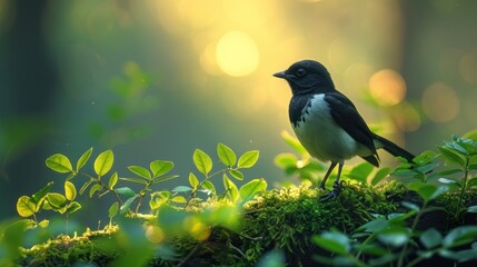 Wall Mural - Black-and-White Bird Perched on Mossy Branch