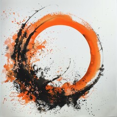 Wall Mural - Brushstroke circle in black and orange. Set of Zen ink brushes style symbols by Enso