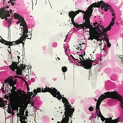 Wall Mural - Brushstrokes in black and magenta with a set of Enso zen ink symbols.