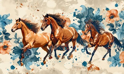 In this image a pair of horses run, with their fur ruffled by the wind, against an abstract and textured background, creating the effect of an oil painting, such as for wall decor or for generative