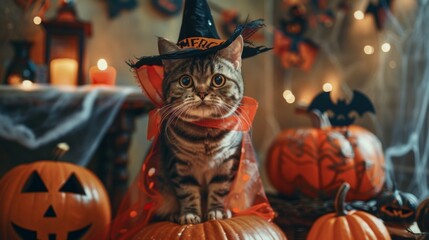 Wall Mural - A cute cat wearing a witchs hat and cape sits on a pumpkin for a Halloween photo