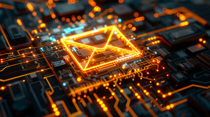 Leinwandbilder - Glowing envelope representing sending data through a circuit board