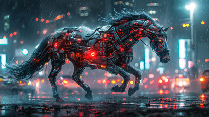 A robot horse with red lights on its legs and head. The horse is standing in the rain