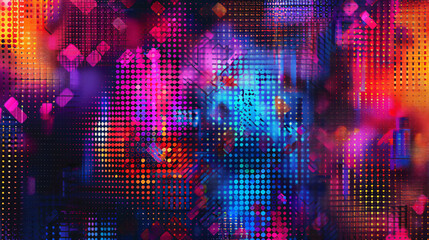 Wall Mural - Futuristic cityscape with vibrant lights, halftone designs, and geometric shapes in an abstract background