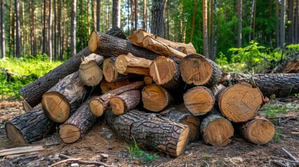 Poster - Freshly cut wood tree stumps in the forest lumber surface wood material solid timber fuel for fire