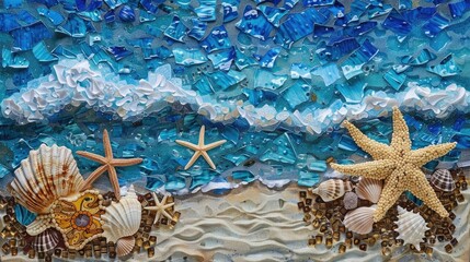 Wall Mural - A stunning mosaic painting depicting the beauty of nature with seashells and starfish on a beach. The artwork captures the essence of the natural world in electric blue hues