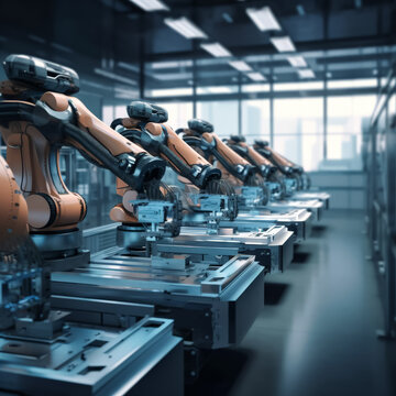 A factory with robots in it. The robots are yellow and are in a row. Scene is industrial and futuristic