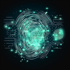 Wall Mural - A glowing fingerprint is shown on a dark background. Concept of mystery and intrigue, as the fingerprint is the only visible feature in the scene. The glowing effect adds a futuristic