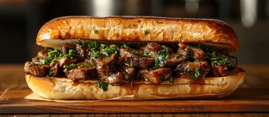 Close-up of a pork sandwich on a wooden cutting board